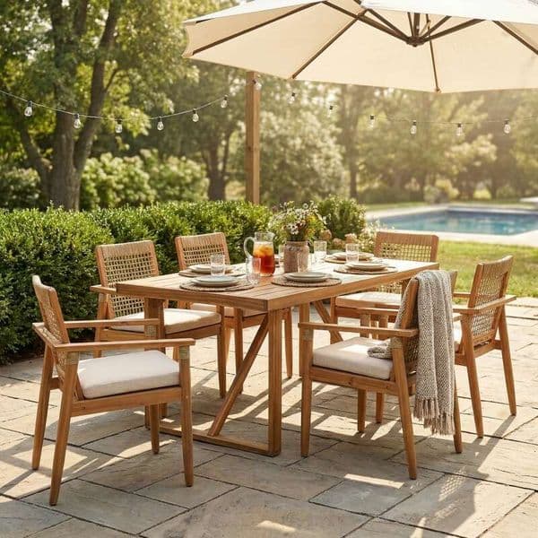 7 Pieces Acacia Wood Outdoor Cushions,Modern 6 Chairs with Handwoven Cord and 1 Large Table, Dining Furniture Set for Lawn, Backyard, Garden Deck,Poolside,Teak
