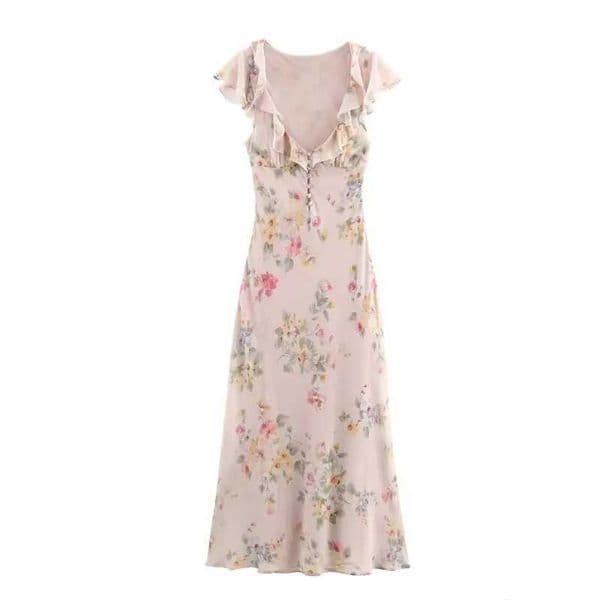 Elegant French Style Floral Maxi Dress for Women Dp V Neck Ruffle Slve Long Dress Summer Casual Vacation Outfit L260508