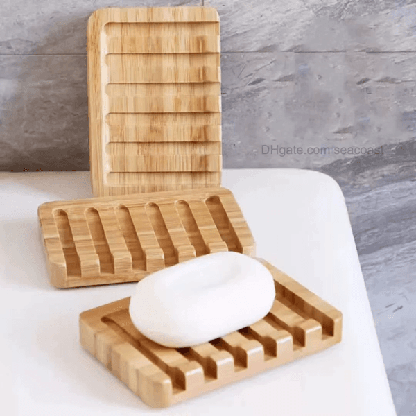 Natural Bamboo Soap Dish Stand Holder Bathroom Shower Holder with Self Draining Tray Natural Waterfall Drain Saver Dishes