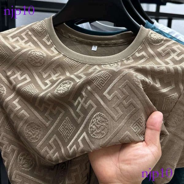 Designer Clothes Ice Silk Summer Short T-Shirt For Middle-Aged Luxury Brand Men, New Breathable Casual Round Neck Thin Jacquard Half Sleeve Top,