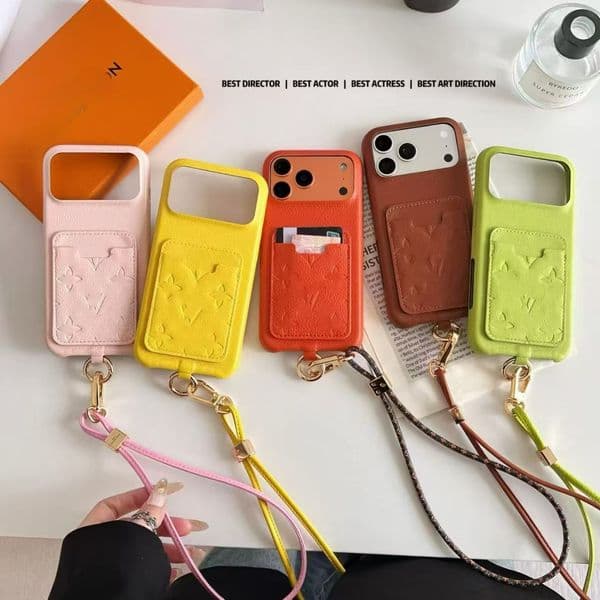 Luxury Designer Leather iPhone Case with Card Holder & Crossbody Lanyard Strap - Fashionable Monogram Pattern Phone Cover for iPhone 14/15/16 /17Pro Max