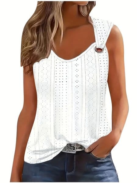 Womens Eyelet Embroidery Tank Top Symmetrical Straps with Buckle V Neck Casual Sleeveless Cami Tops 260430