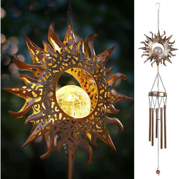 Outdoor Metal Moon Sun Stars Chime Solar Glowing Unique Wind Bells for Outside Waterproof Chimes Home Decor 26H0508
