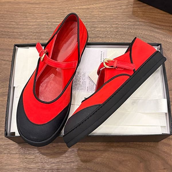 Designer Women Mary Jane Shoes round toe striped leather Miss flat shoes red ballet shoes line leather decoration Buckle comfortable soft outsole
