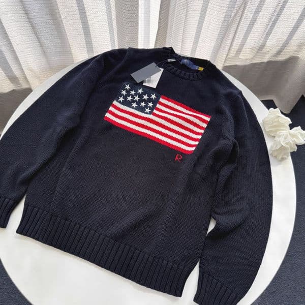 Retro American Flag Knit Sweater Unisex Crewneck Cotton Pullover Navy Blue Casual Streetwear Long Sleeve Top For Men Women Daily Wear