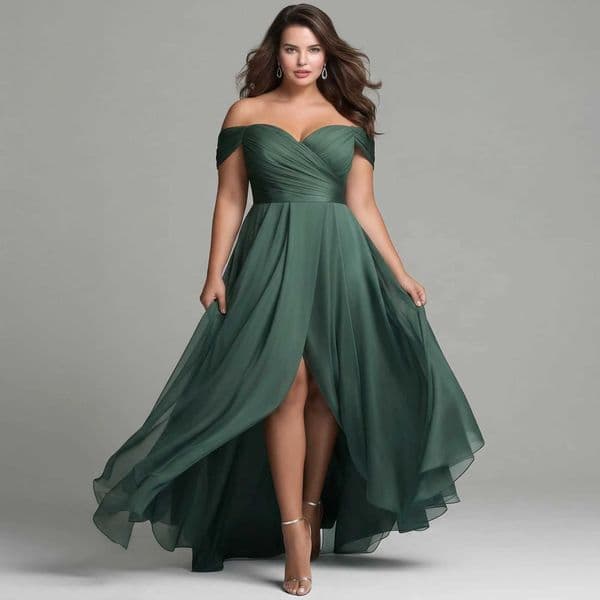 Plus Size Emerald Grn Off Shoulder Maxi Dress Swtheart Neck Ruched Bodice High Slit Chiffon Bridesmaid Evening Gown L260508