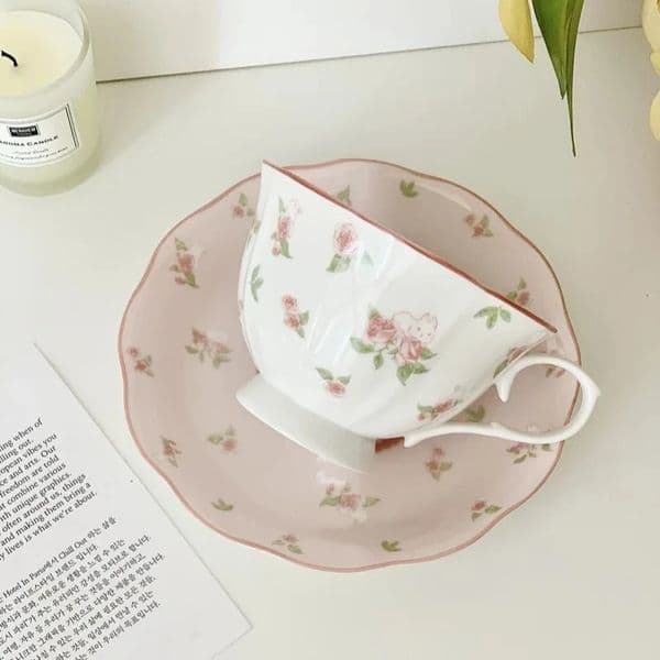 French Pink Rabbit Print Vintage Coffee Cup and Saucer Set Ceramic Cup Cute Girls Afternoon Tea Dim Saucer 260507
