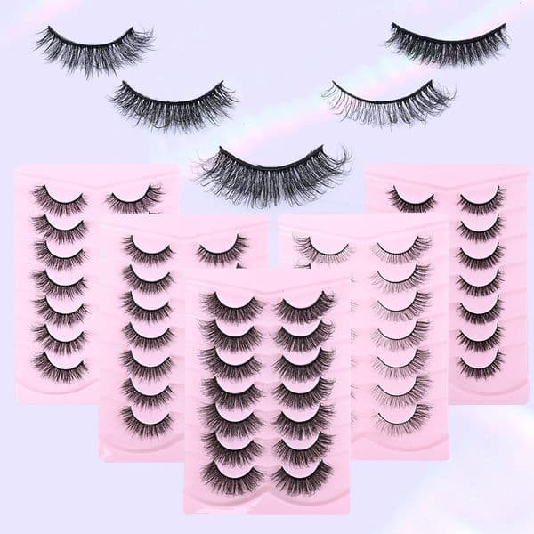 Fluffy Volume Fake Lashes Strip - 7 Pairs 3D Faux Mink Eyelashes Natural Look with Wispy Finish, Handmade Reusable Eyelash Extensions Easy Application