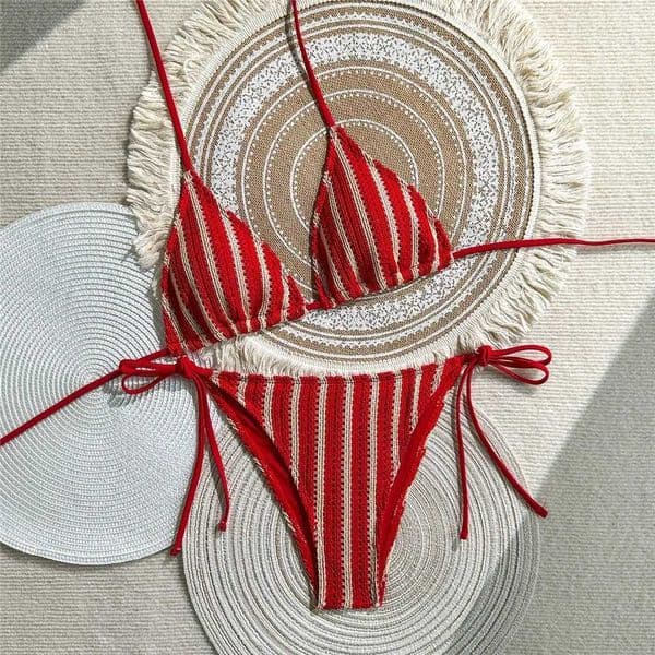 Sexy Red Striped Swimsuit Halter String Thong Micro Triangle Crochet Bikini Swimwear Woman 2026 Bathing Suit Bikinis Sets Mujer X260507