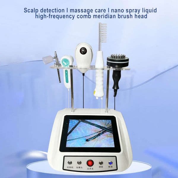 Upd Hot Sale Desktop Scalp Health Analysis Treatment Machine 5 In 1 Greasy Hair Slit Widened Therapy Nano Spray Meridian Brush Scalp Sterilization Salon