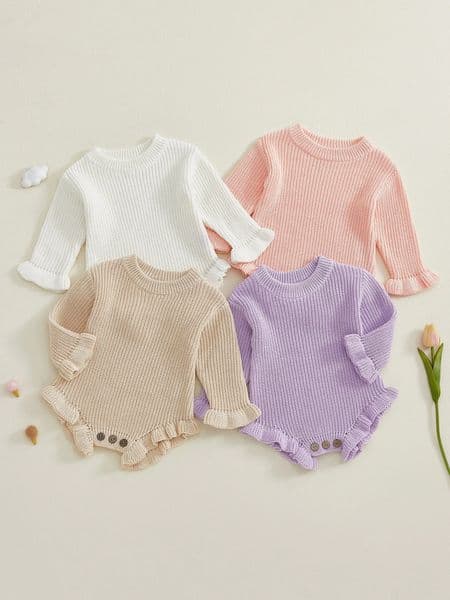 Infant Autumn Knitted Bodysuit with Ruffled Sleeves and Round Neckline Solid Color Sweater Jumpsuit for Baby Girls 260507