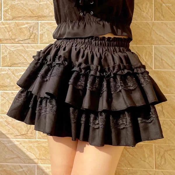 Skirts Women Mini Skirt Black Skort Tiered Ruffled Lace Trim With Built-in Shorts Shoujo Girl Coquette Balletcore Summer