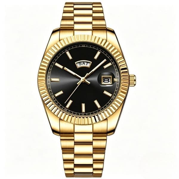 Day-Date Style Men Quartz Watch Fluted Bezel Stainless Steel Business Casual Luxury Wristwatch