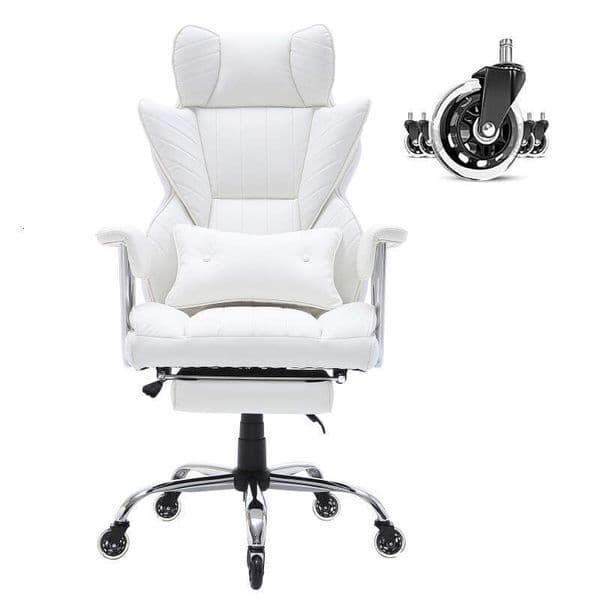 Reclining Chair Footrest, Heavy Duty PU Leather Wide Chair, Big and Tall Executive Office Chairs with Lumbar Support, Strong Metal Base Quiet Wheels, White