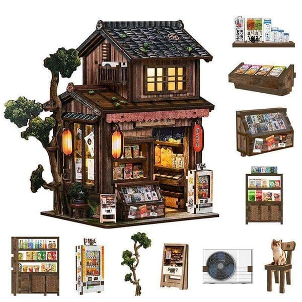 DIY Wooden Kasuga Grocery Store Casa Miniature Model Kits With Furniture LED Lights Dollhouse for Friends Birthday Gifts 26Y0508