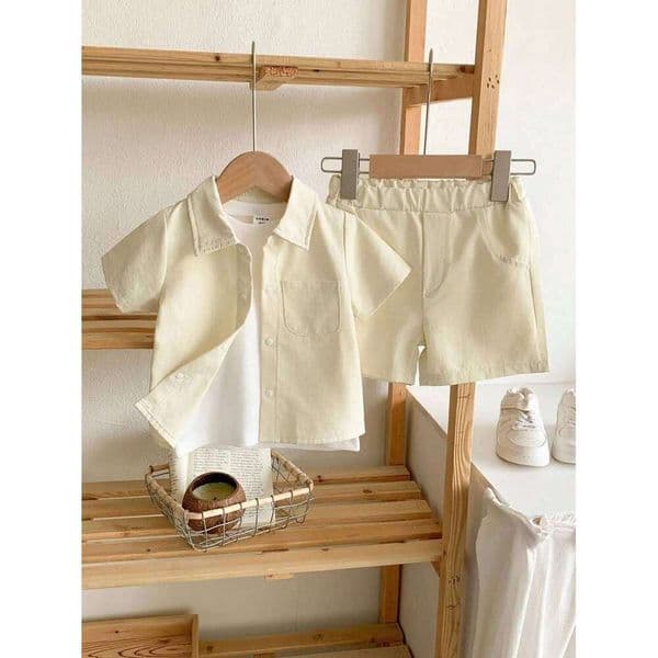 New Apricot Lapel Short-Sleeve Pants Fabric Skin-Friendly Cool Soft Version Of Loose Simple Travel Vacation Baby Suit 26Y0508