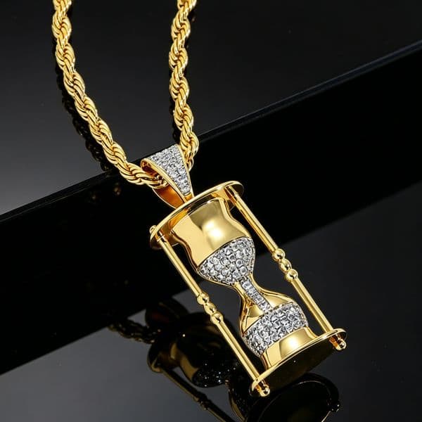 Hip Hop Hourglass Necklace Personality Creative Micro Inlaid Zircon 18K Gold Men and Women Pendant Hip Hop Niche Street Style