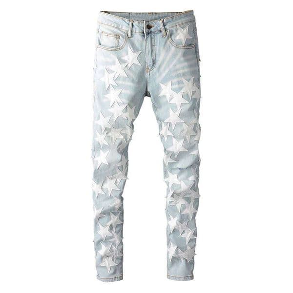 Men's Leather Stars Patches Design Jeans Streetwear Patchwork Ripped Stretch Denim Pants Slim Skinny Pencil Trousers 26Y0509