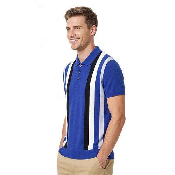 US Size Men's Knit Polo Short Sleeve Tee Shirts Summer Tops Striped T-shirt Men Retro Lapel Business Casual Shirt