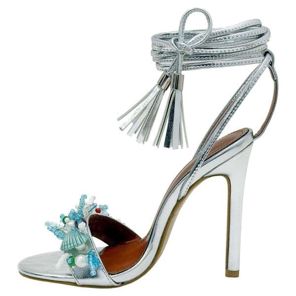 Gold And Silver 2026 Small Round Toe Hand Stitched Starfish Shell Pearl Fragment Strap Tassel Pendant High Heeled Sandals