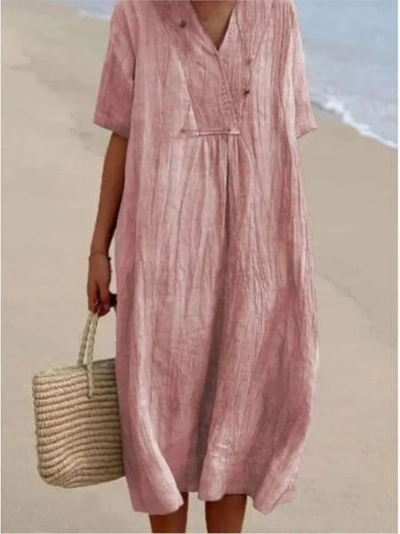 Summer Solid Color Cotton And Linen Dress Women Fashion Short Sleeve V Neck Loose Midi Dress Casual Holiday Beach Dresses Female 260508