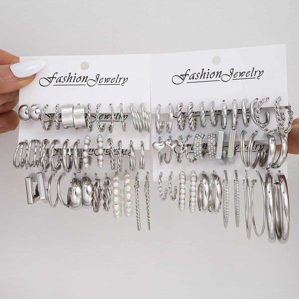 36 Pairs Silver Color Earrings Set for Women C-Shaped Geometric Pearl Cartilage Huggie Stud Earrings Fashion Statement Jewelry C260509