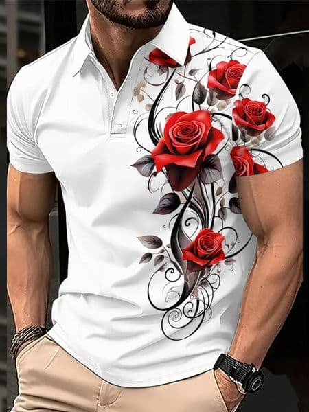 2026 Summer Mens Polo Shirt with Rose Flower Print Breathable Lightweight Casual and Fashionable Mens Clothing 260509