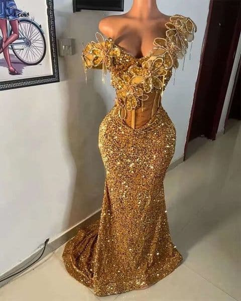 Sparkly Gold Long Prom Dress Beading Crystals Appliques Sequins Birthday Party Reception Gown Customized BC21731