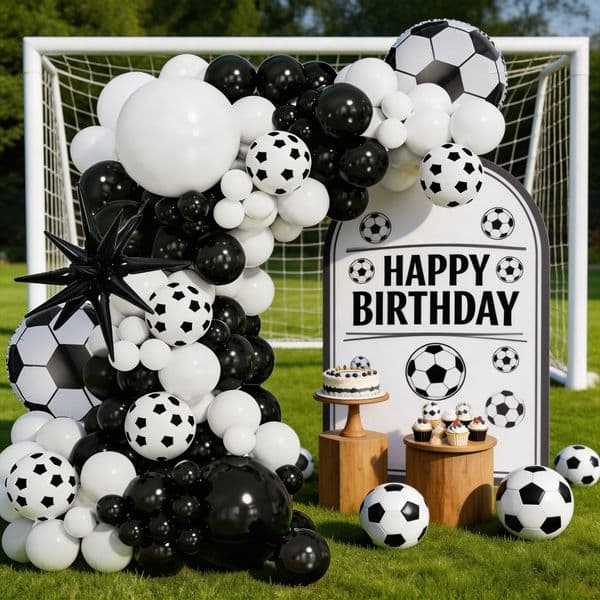 102-Piece Football Themed Balloon Garland Set, Black and White Football Latex Balloons, Birthday Party Decoration, Party Balloons, Scene Layout Balloons