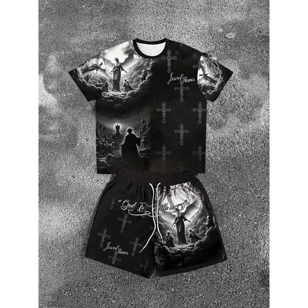 Summer Men's Angel Christ Printed Comfortable Breathable Round Neck T-shirt Shorts Taochuang Outdoor Casual Fashion Clothing 26L0509