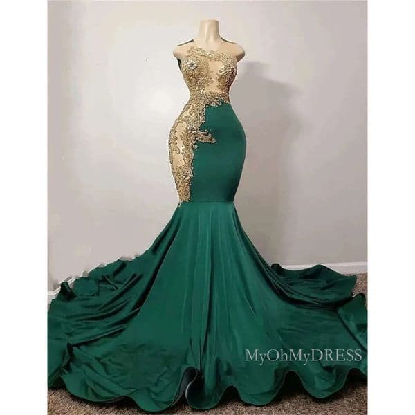 Emerald Green Mermaid Luxury African Prom Dress For Black Girl Gold Applique Diamond Crystal Gillter Skirt Evening Formal Gown Bc18630 B0227