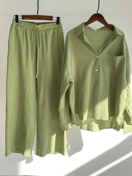 Autumn Womens Clothing Fashionable Retro Cotton Linen Shirt High Waist Loose Long Sleeved Lace Up Pants Twopiece Set 260509