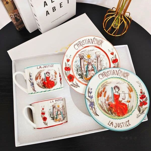 French luxury designer coffee cup and saucer set - Quartz ceramic Italian coffee cup - Sun and Moon patterns from ancient mythology - Afternoon tea set