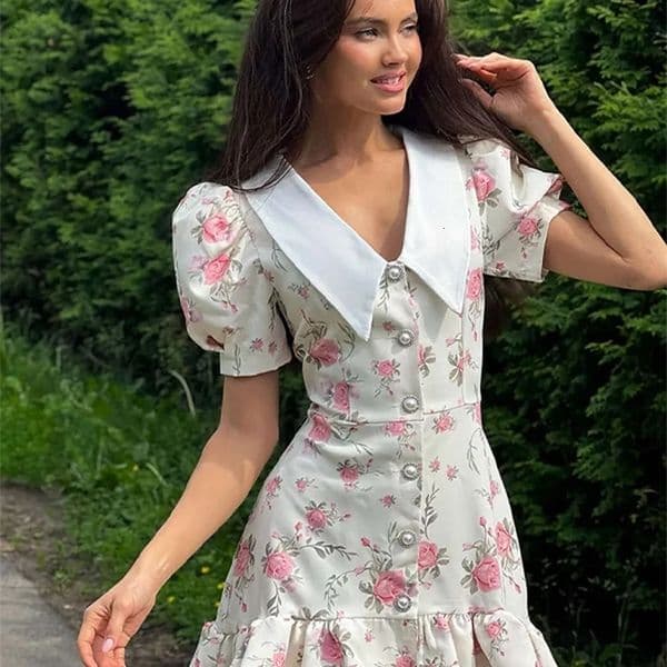 Sweet Floral Printed Ruffle Hem Dress Chic A-line Lapel Puff Sleeve Dresses For Women Summer Lady Holiday Street Gowns 260429