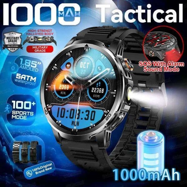 2026 Tactics Grade 1000mAh Battery IP68 Waterproof GPS BT Call 1.85"AMOLED Screen Sports Smart Watch 26H0508