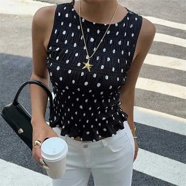 Gaono Women Tank Top Sleeveless Tops Crew Neck Pleated Dots Print Slim Fit Shirt Vest Summer Y2K Vintage StreetwearT260509