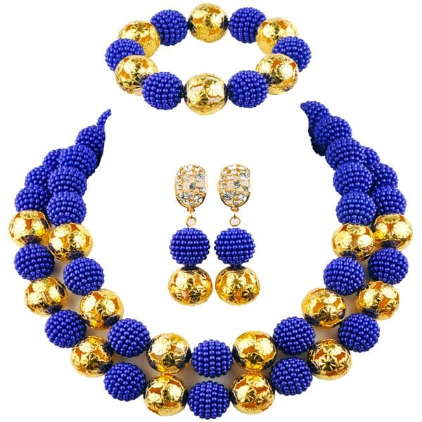 Royal Blue Simulated Pearl Beads Jewelry Set Nigerian Wedding Necklace