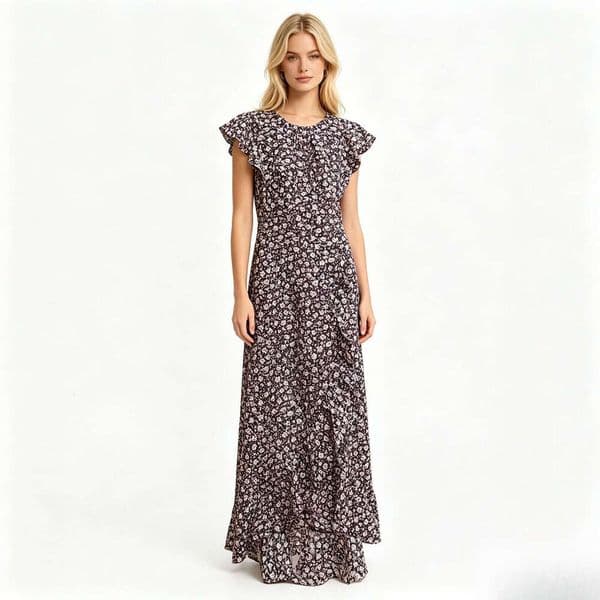 New retro vacation style designer sweet printed dress for FC spring and summer, A2 with flowing ruffles and sleeves
