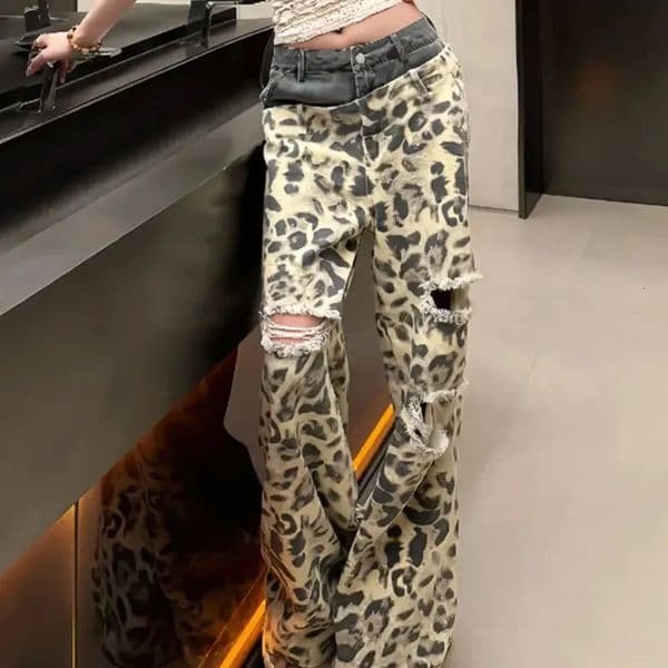 sweet Leopard Printed Patchwork Trousers Female Clothing Fashionable Ripped Spring Autumn American High Waist Wide Leg Jeans 260508