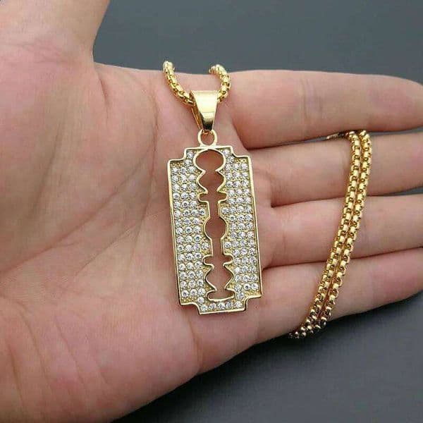 Trendy Titanium Steel Gold Plated Rhinestones Blade Pendant Necklace Creative Personality Men's Hip Hop Fashion Jewelry 26H0509