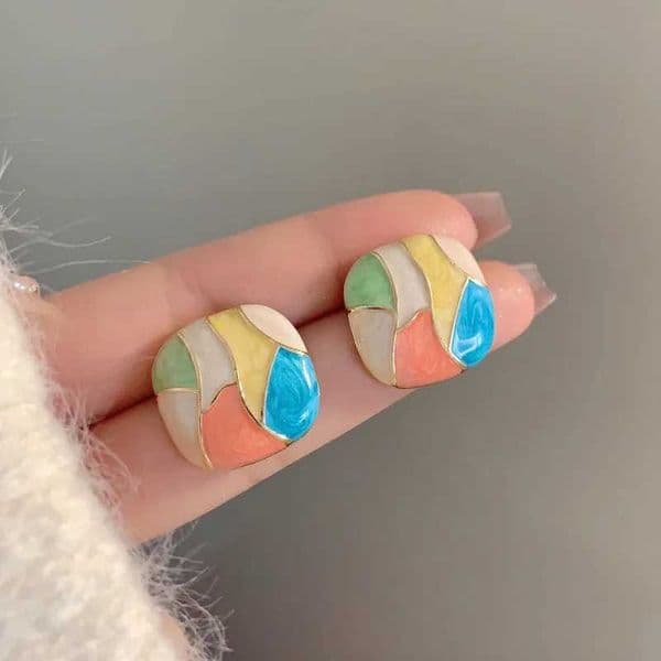 Advanced Design Personality Contrasting Colors Geometric Retro Light Luxury Colorful Square Earrings Womens Novelty Earrings C260509