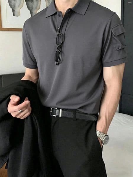 Men's Polos Basic Solid Polo Shirts Mens Summer Loose Pocket Short Sleeve Tops Sporty Comfortable Lapel T-Shirts Street Casual Male Clothing