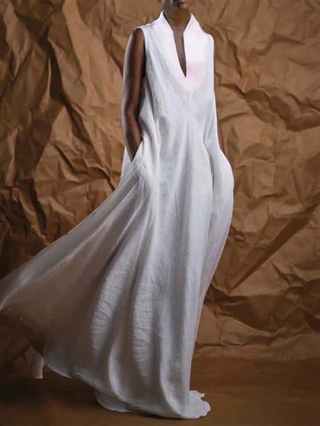 Women Fashion Linen Dresses Elegant Plain Deep V Neck Sleeveless Linen Flowy Maxi Dress Casual Long Dresses Streetwear 260508