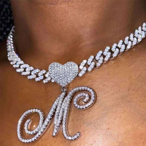 Hip Hop Bling Crystal A-Z Cursive Letters Heart Pendant Necklace for Women Men Initials Name CZ Cuban Link Necklaces Jewelry 26H0509