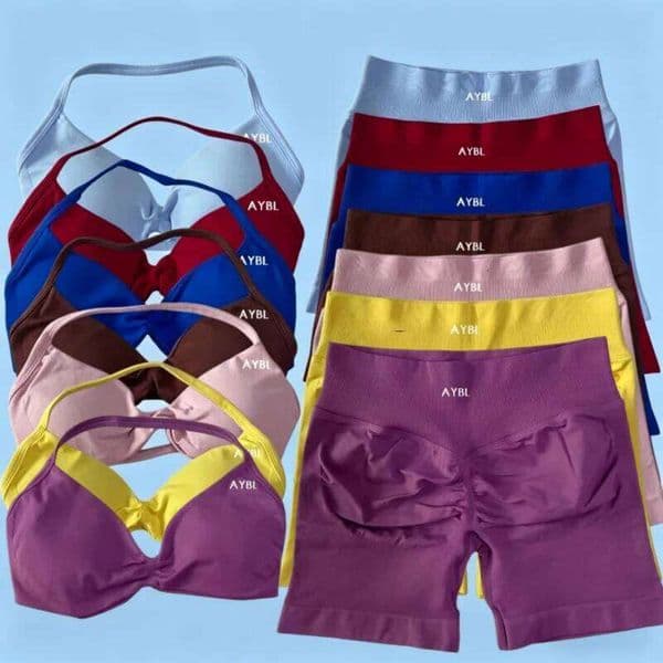 AYBL 2PCS Gym Women Strappy Bra Top High Waist Workout Scrunch Shorts Sports Suit Seamless Yoga Set Fitness 26W0509