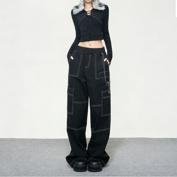 Women's Black Cargo Wide Leg Pants, Elastic Waist High Waist Trousers with Contrast Stitching & Chain Detail