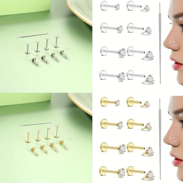 9pcs Set of 20G FlatBottom Ear Bone Studs with Piercing Guide Needles Nose Lip Jewelry 260509