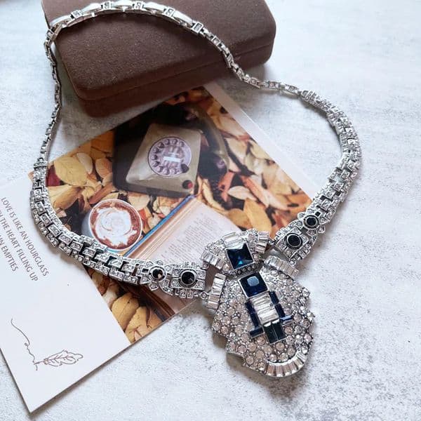 Statement Pendant Necklace Short Rhinestone Blue Glass Jewelry Linked Chains Accessories 260508