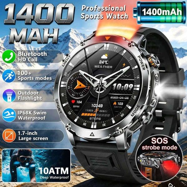 2026 Hot New 1400mAh Extra-Large Battery SmartWatch Men Outdoor SOS Flashlight Waterproof Heart Rate Sports Smartwatch 26H0508