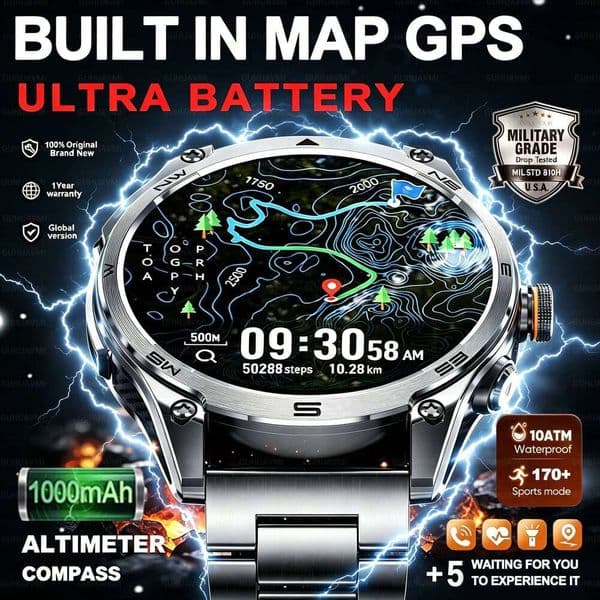 2026 New GPS 1000Mah Battery Compass IP68 Waterproof Tactics Sport Flashlight BT call Smart Watch For Men 26H0508